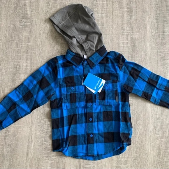 Columbia Other - Columbia Boys Blue Flannel Hooded Shit XS NWT